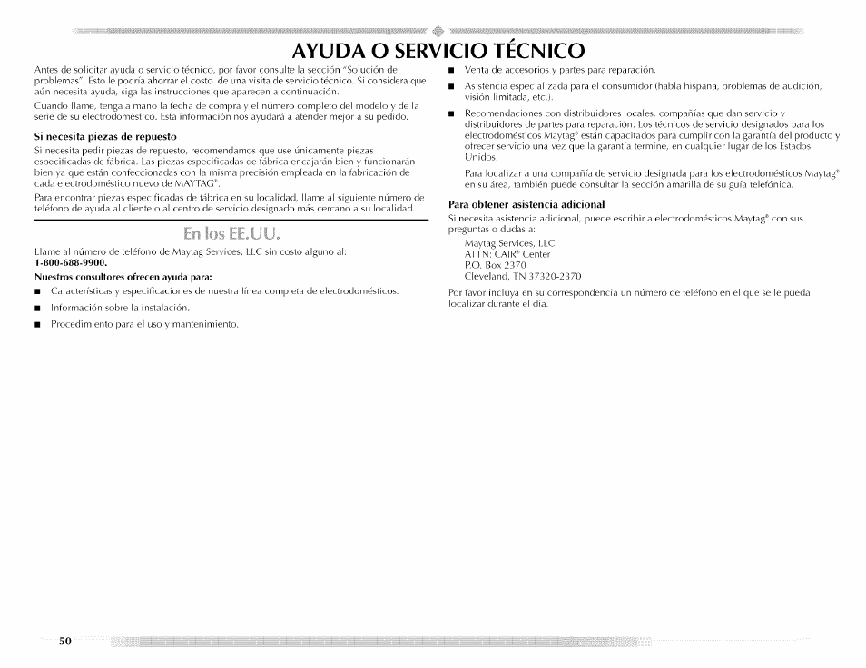 Ayuda o servicio tecnico, Ayuda o servicio técnico | Maytag MED5591TQ1 User Manual | Page 50 / 72