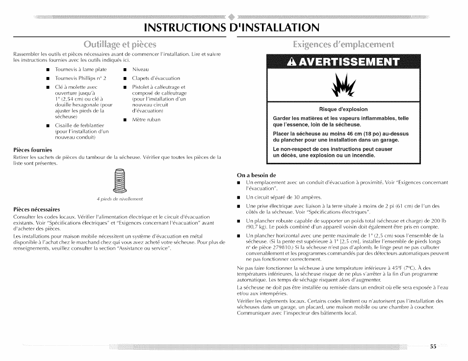 Instructions d'installation, A avertissem ent | Maytag MED5591TQ1 User Manual | Page 55 / 72