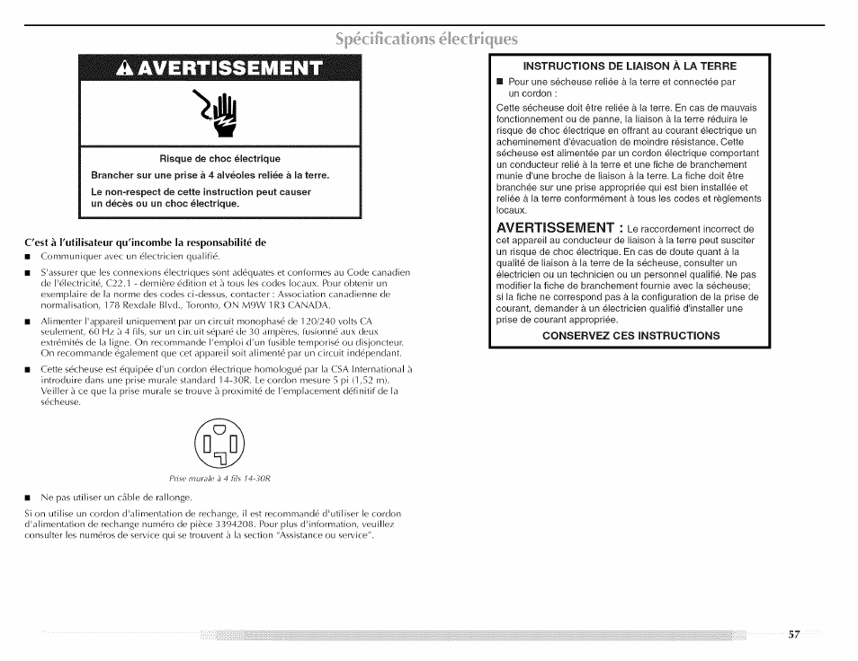 Spéciications électrîcpes, A avertissement, Spécifications électriques | Avertissement | Maytag MED5591TQ1 User Manual | Page 57 / 72