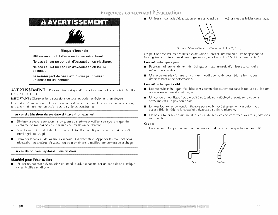 Exigences conceriiafit ¡^évacuation, Exigences concernant l'évacuation, Avertissement | Maytag MED5591TQ1 User Manual | Page 58 / 72