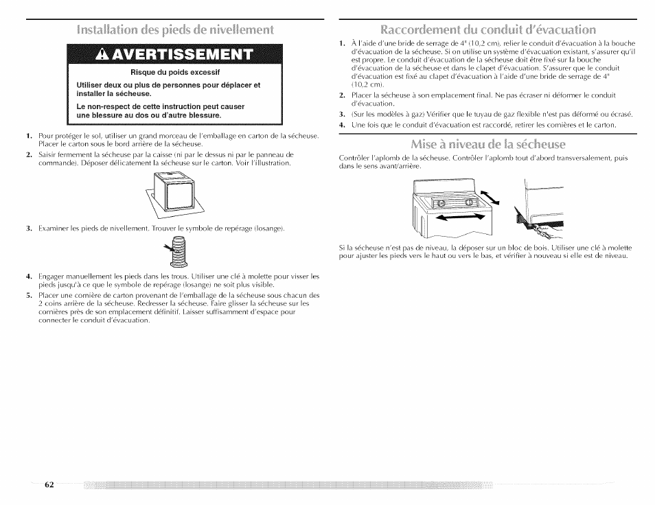 Installation des pieds de iiivelemerit, A avertissement, I/acualio | Mise à niveau de la sécheuse, Installation des pieds de nivellement, Liit i/acualio, Niveau de la sécheuse | Maytag MED5591TQ1 User Manual | Page 62 / 72