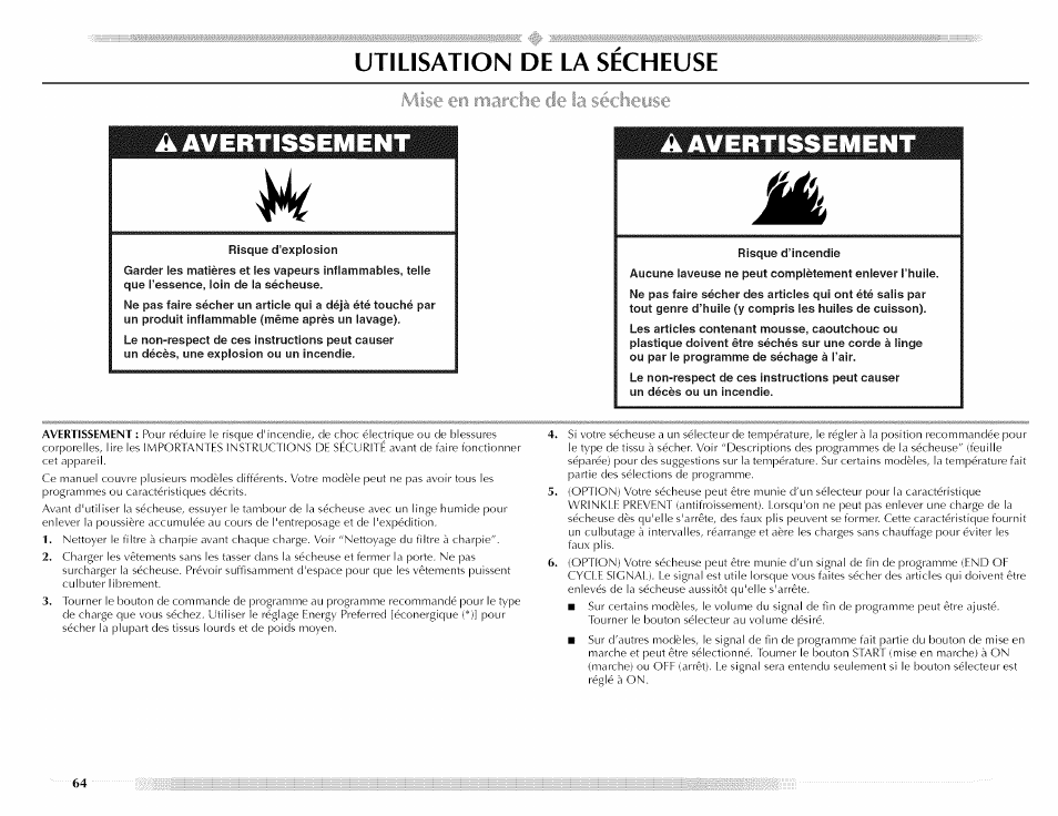 Utilisation de la secheuse, Mise en marche de la. sécheuse, A avertissement | Utilisation de la sécheuse, Mise en marche de la sécheuse | Maytag MED5591TQ1 User Manual | Page 64 / 72