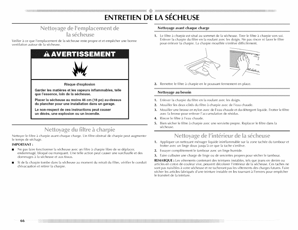 Entretien de la secheuse, Entretien de la sécheuse, Îiî harpie | Maytag MED5591TQ1 User Manual | Page 66 / 72