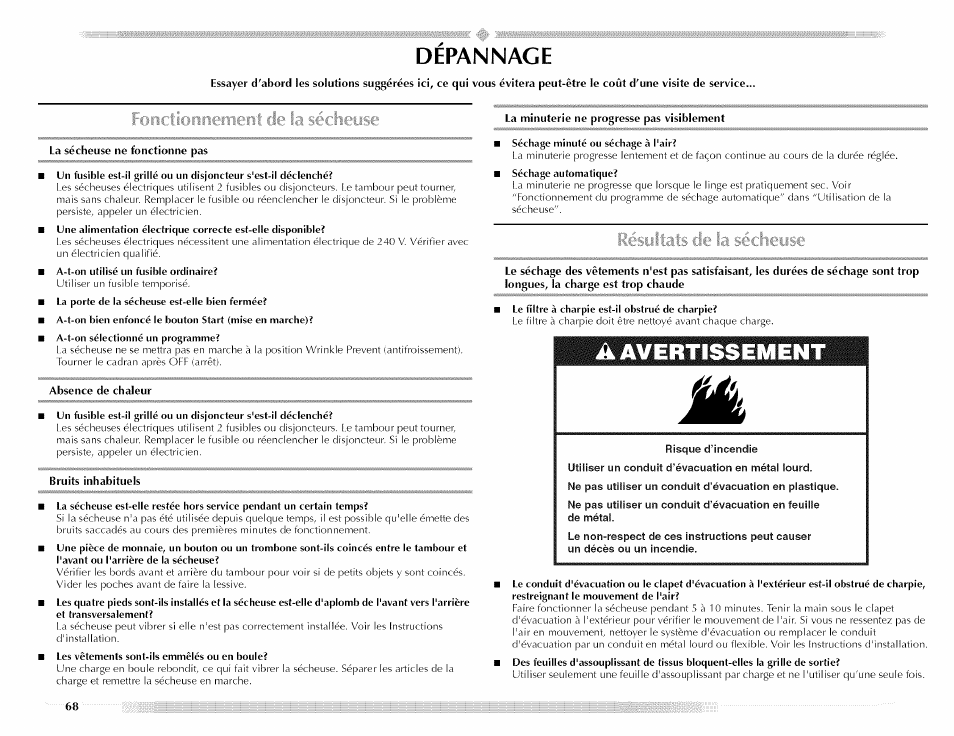 Depannage, Foncticinnerrierit de la sécheuse, Iésulms de la sécheuse | Dépannage | Maytag MED5591TQ1 User Manual | Page 68 / 72