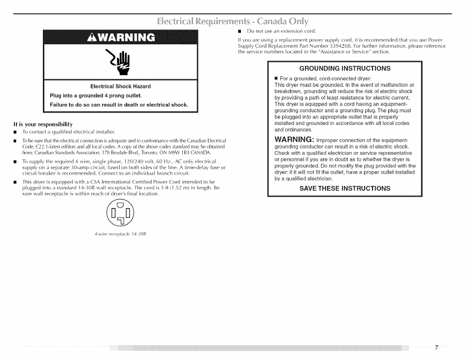 Electrical iec|iiirements - canada only, Electrical requirements - canada only, Warning | Maytag MED5591TQ1 User Manual | Page 7 / 72