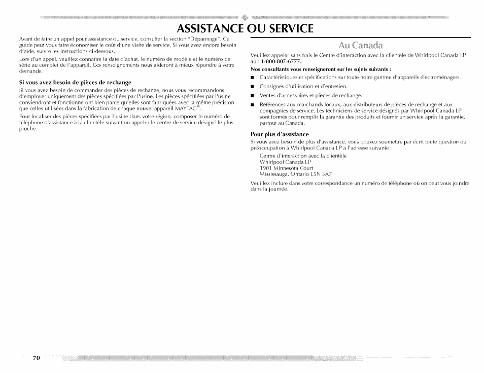 Assistance ou service | Maytag MED5591TQ1 User Manual | Page 70 / 72