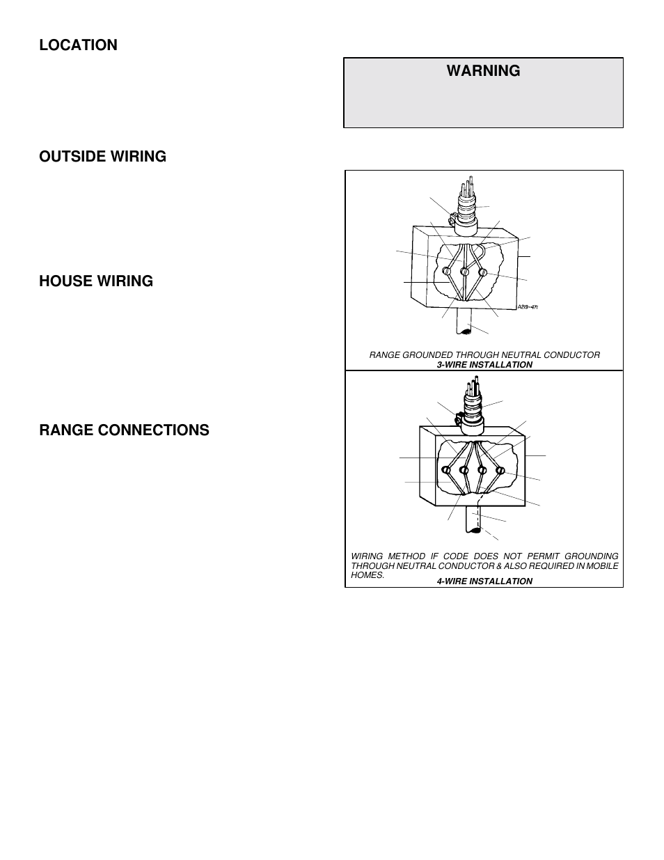 Location, Outside wiring, House wiring | Range connections, Warning | Maytag CWE4800ACE User Manual | Page 3 / 9