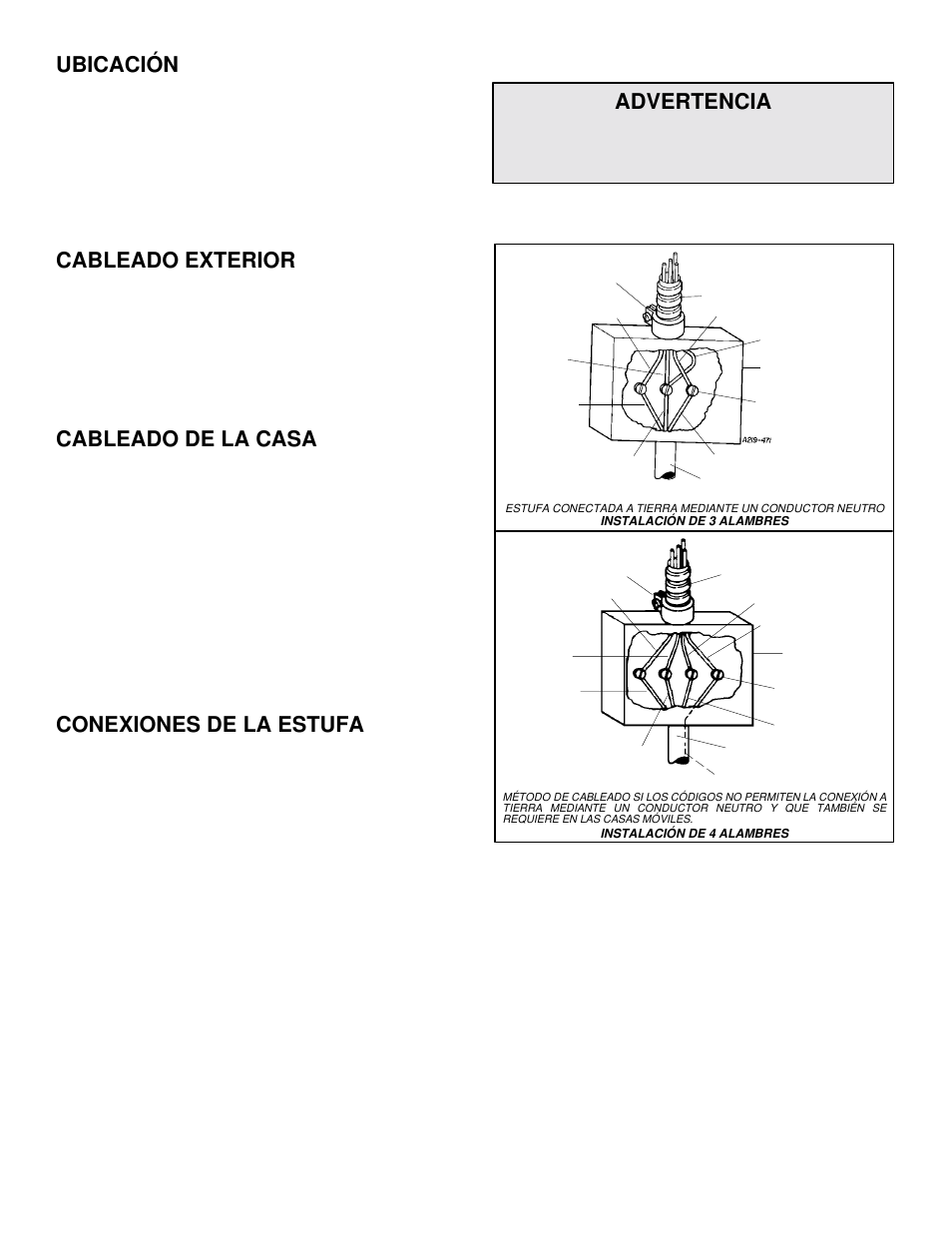Ubicación, Cableado exterior, Cableado de la casa | Conexiones de la estufa, Advertencia | Maytag CWE4800ACE User Manual | Page 6 / 9