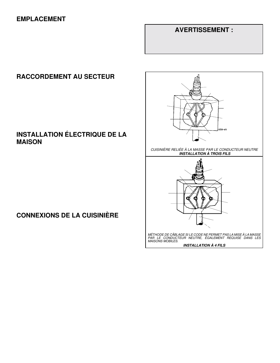 Emplacement, Raccordement au secteur, Installation électrique de la maison | Connexions de la cuisinière, Avertissement | Maytag CWE4800ACE User Manual | Page 9 / 9