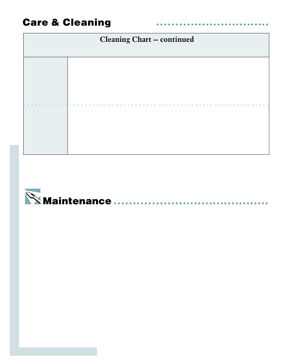 Maintenance, Care & cleaning, Cleaning chart -- continued | Continued), Oven light, Oven window, Parts cleaning procedure | Maytag MEW5630 User Manual | Page 16 / 20