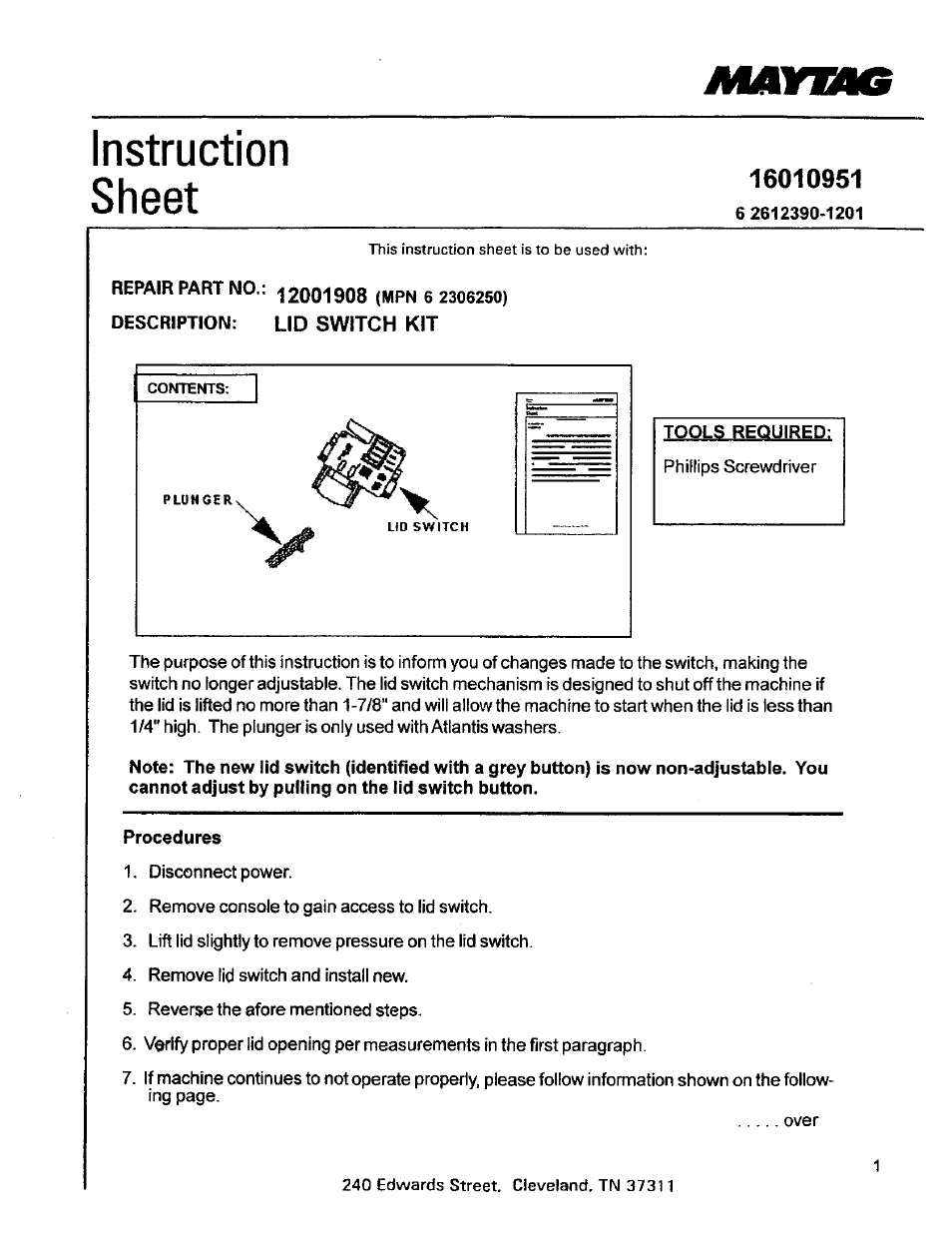 Instruction, Sheet, Instruction sheet | Maywhg | Maytag 12001908 User Manual | Page 2 / 3