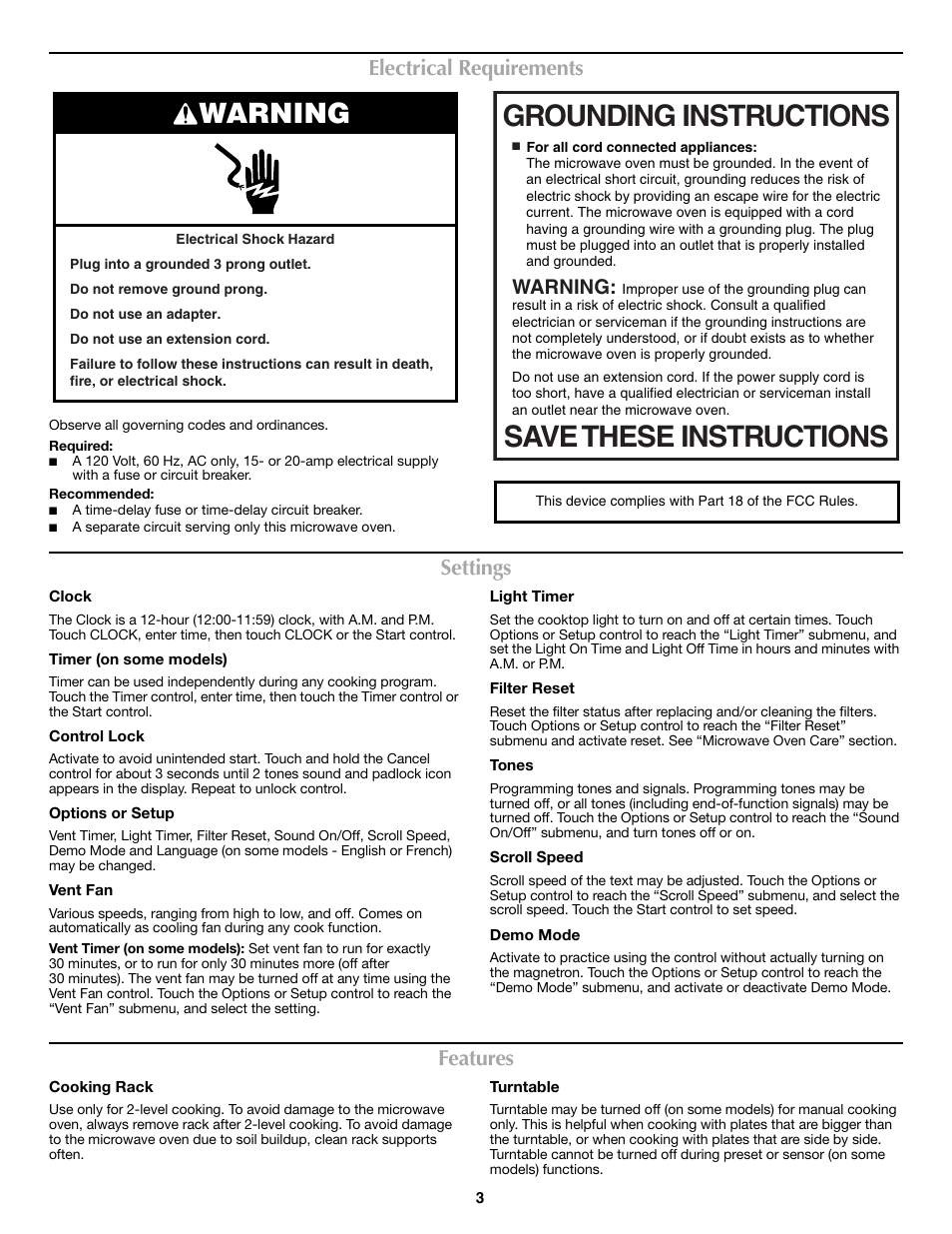 Grounding instructions save these instructions, Warning, Electrical requirements | Settings, Features | Maytag W10306244A User Manual | Page 3 / 6