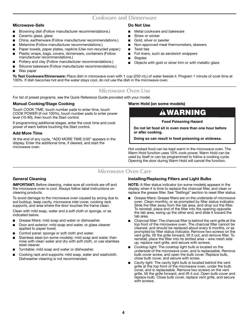 Warning, Cookware and dinnerware, Microwave oven use | Microwave oven care | Maytag W10306244A User Manual | Page 4 / 6