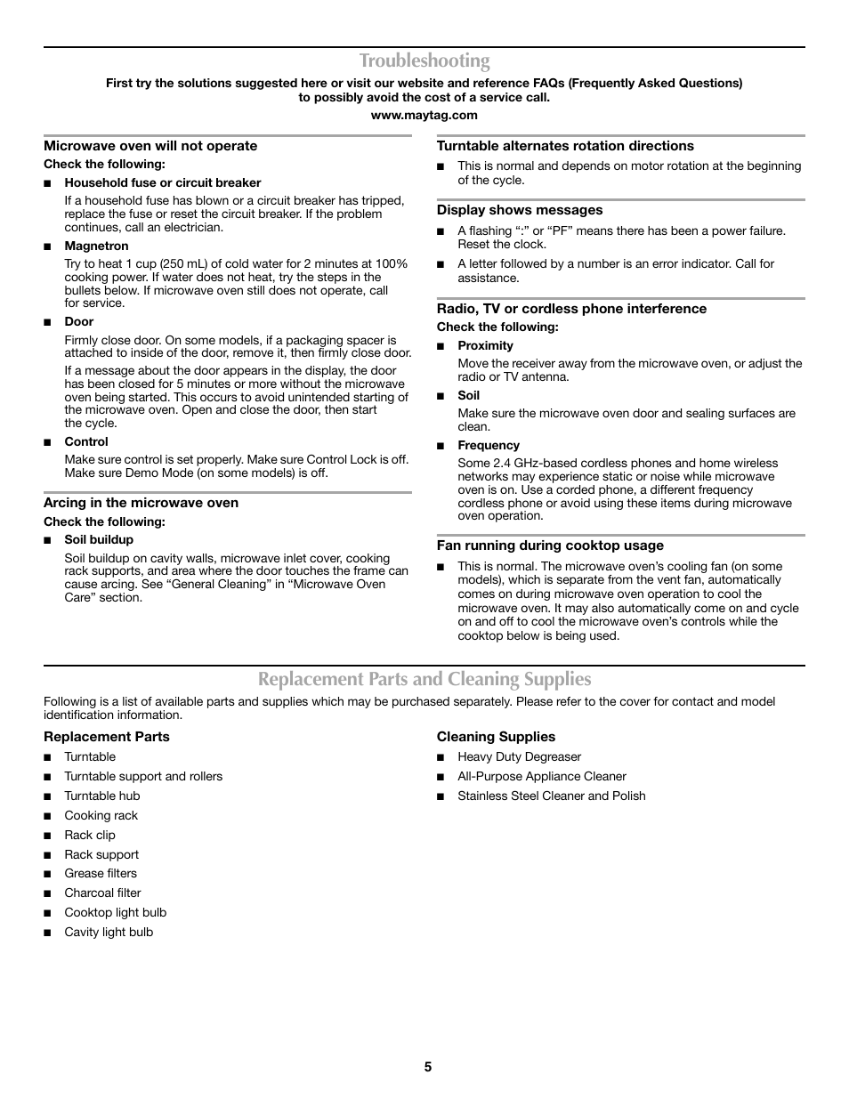 Troubleshooting, Replacement parts and cleaning supplies | Maytag W10306244A User Manual | Page 5 / 6