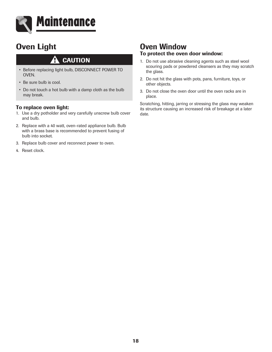 Maintenance, Oven window, Oven light | Maytag MEW6630DDW User Manual | Page 19 / 68