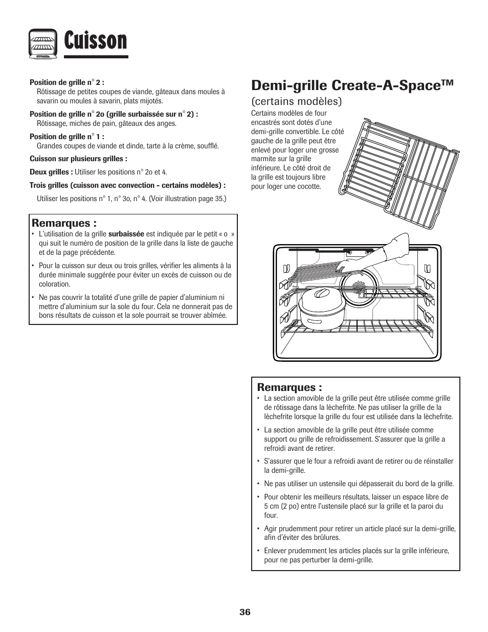 Cuisson, Demi-grille create-a-space, Remarques | Certains modèles) | Maytag MEW6630DDW User Manual | Page 37 / 68