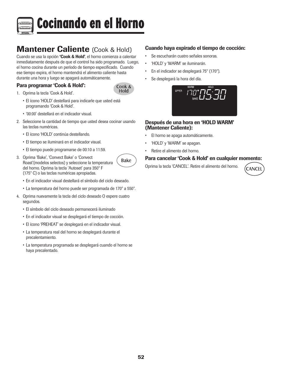 Cocinando en el horno, Mantener caliente, Cook & hold) | Maytag MEW6630DDW User Manual | Page 53 / 68