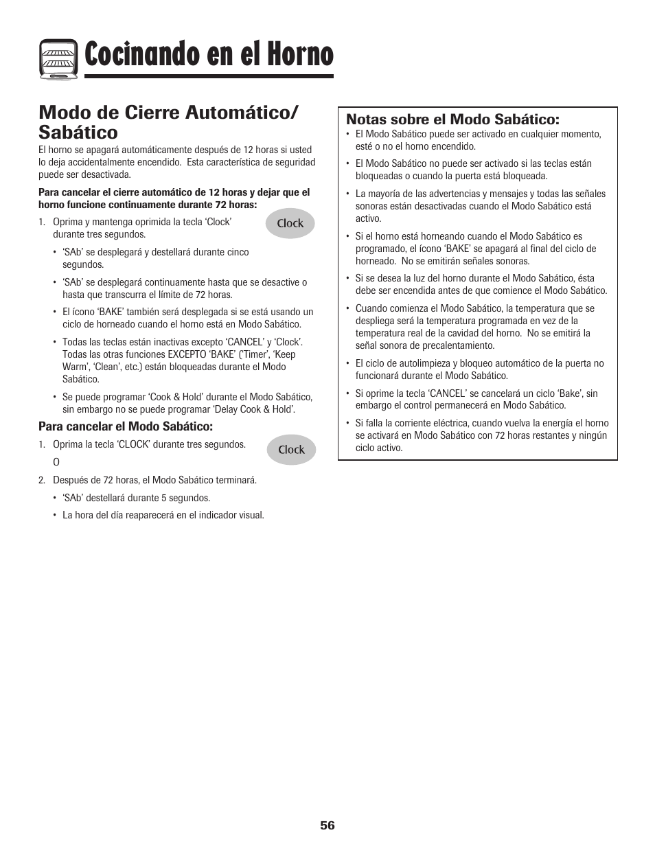 Cocinando en el horno, Modo de cierre automático/ sabático, Notas sobre el modo sabático | Maytag MEW6630DDW User Manual | Page 57 / 68