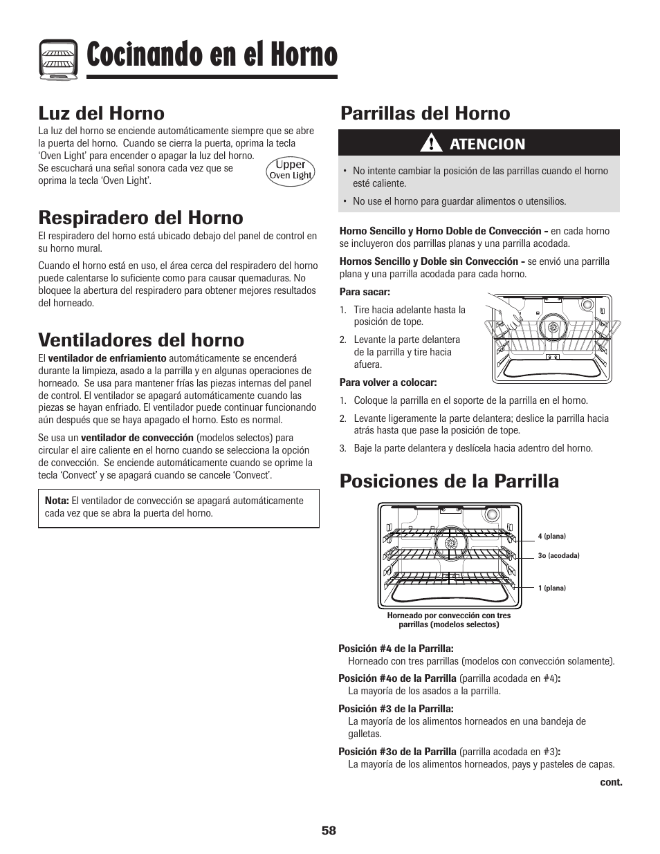 Cocinando en el horno, Parrillas del horno, Luz del horno | Respiradero del horno, Ventiladores del horno, Posiciones de la parrilla, Atencion | Maytag MEW6630DDW User Manual | Page 59 / 68