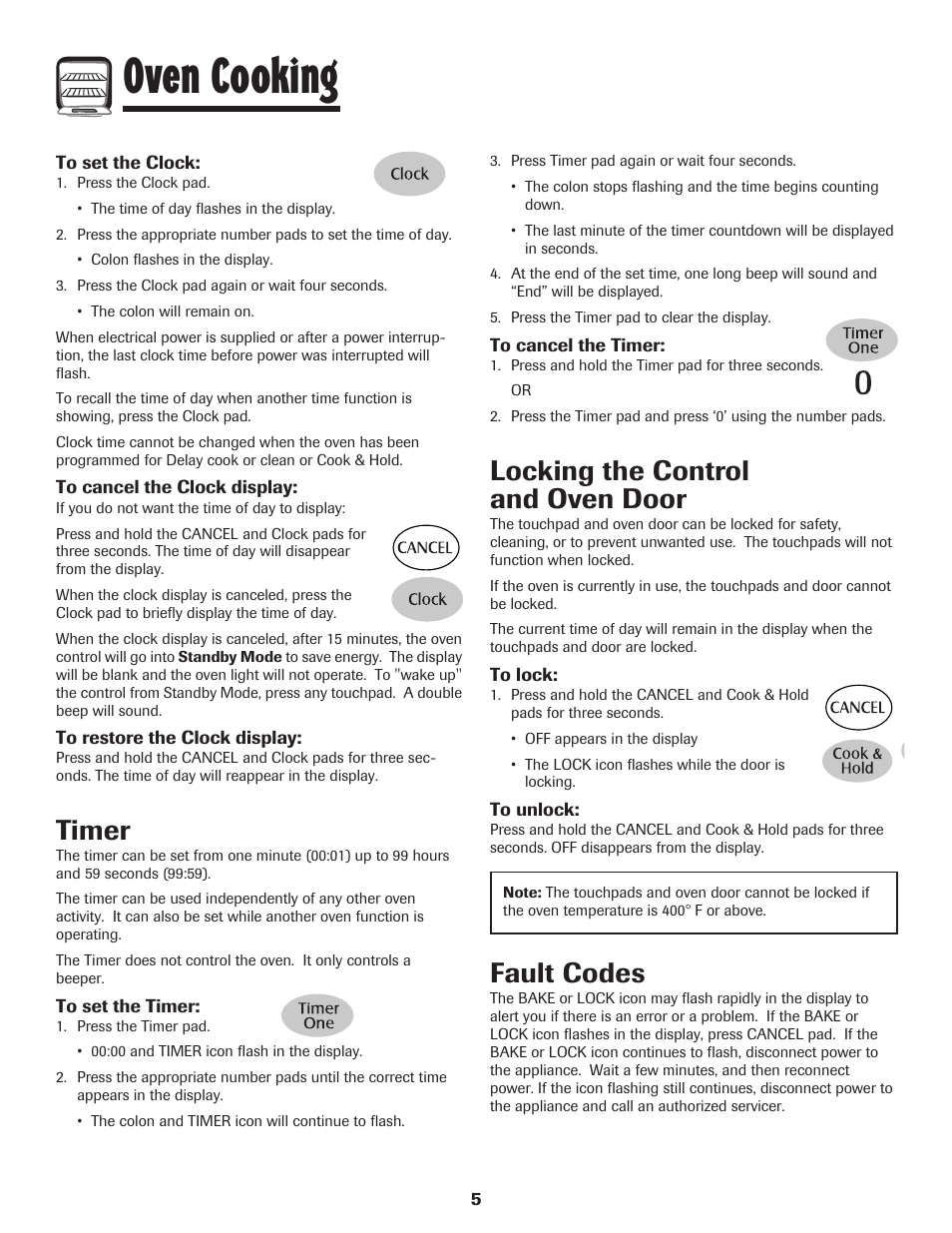 Oven cooking, Timer, Locking the control and oven door | Fault codes | Maytag MEW6630DDW User Manual | Page 6 / 68
