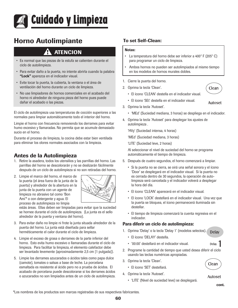 Cuidado y limpieza, Horno autolimpiante, Atencion | Antes de la autolimpieza | Maytag MEW6630DDW User Manual | Page 61 / 68