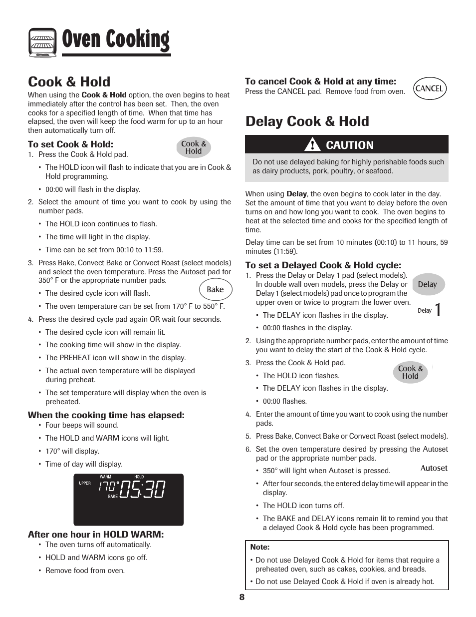 Oven cooking, Delay cook & hold, Cook & hold | Caution | Maytag MEW6630DDW User Manual | Page 9 / 68