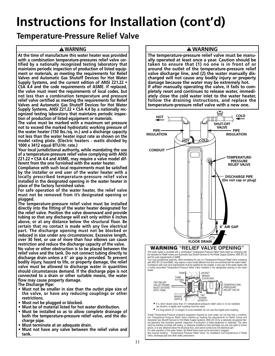 Instructions for installation (cont’d), Temperature-pressure relief valve, Warning | Maytag HRE21250PC User Manual | Page 11 / 40