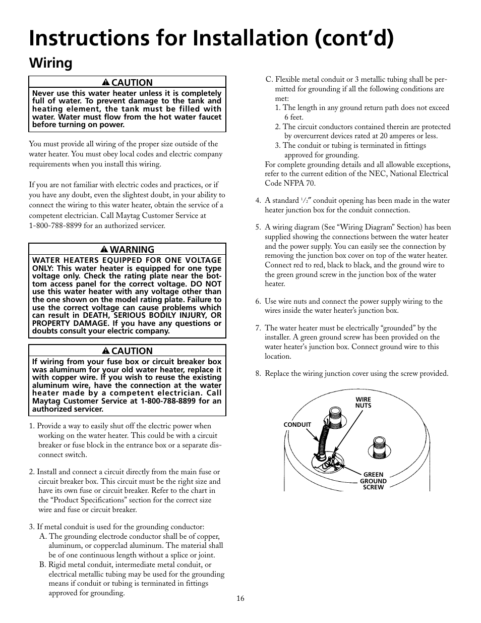 Instructions for installation (cont’d), Wiring | Maytag HRE21250PC User Manual | Page 16 / 40