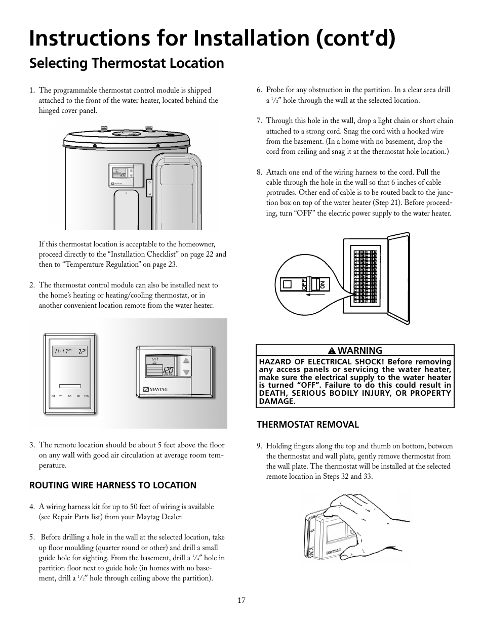 Instructions for installation (cont’d), Selecting thermostat location | Maytag HRE21250PC User Manual | Page 17 / 40