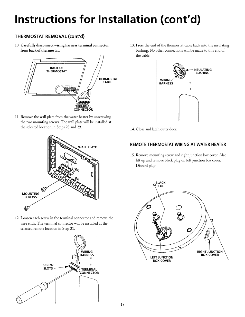 Instructions for installation (cont’d), Remote thermostat wiring at water heater, Thermostat removal (cont’d) | Maytag HRE21250PC User Manual | Page 18 / 40