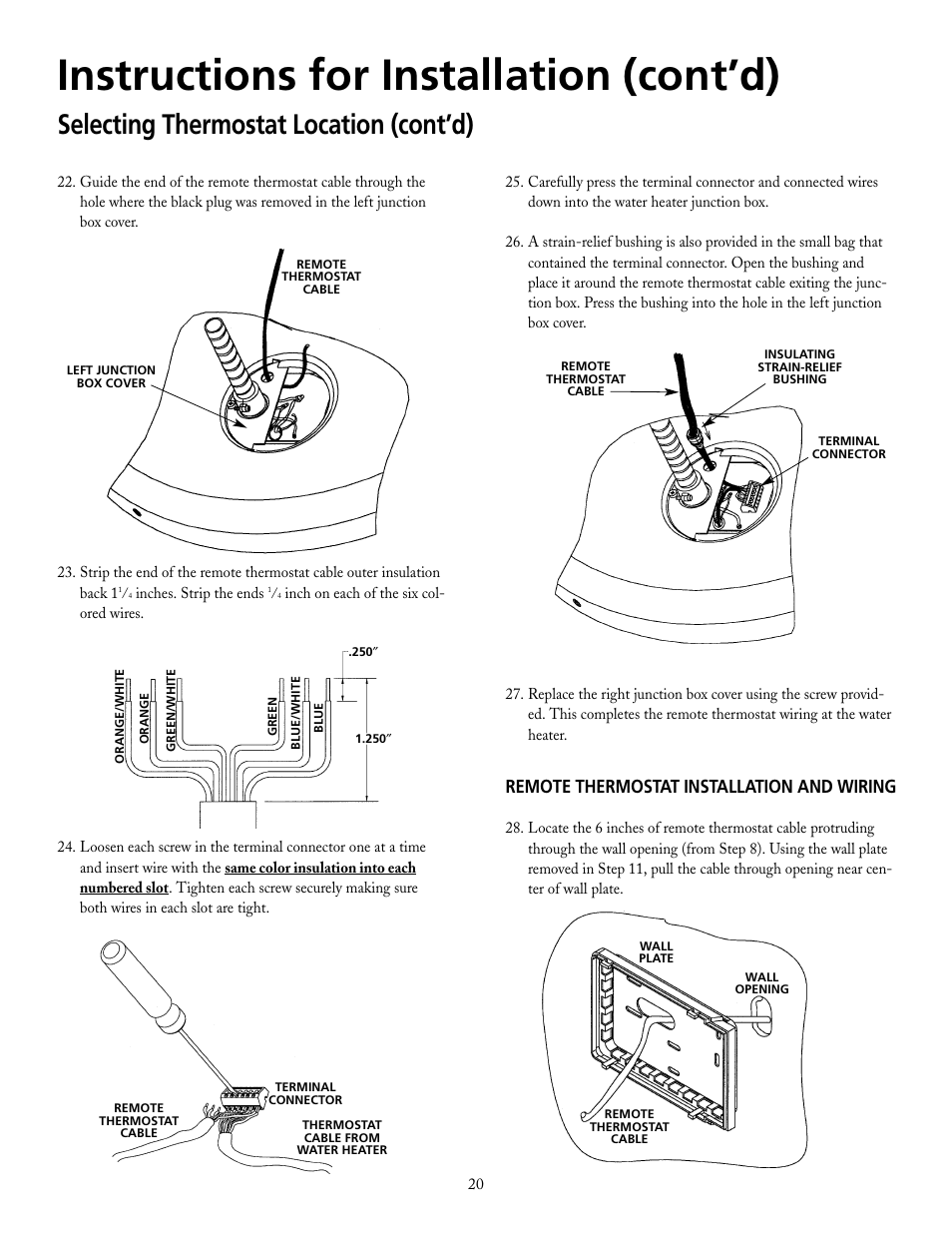Instructions for installation (cont’d), Selecting thermostat location (cont’d), Remote thermostat installation and wiring | Maytag HRE21250PC User Manual | Page 20 / 40