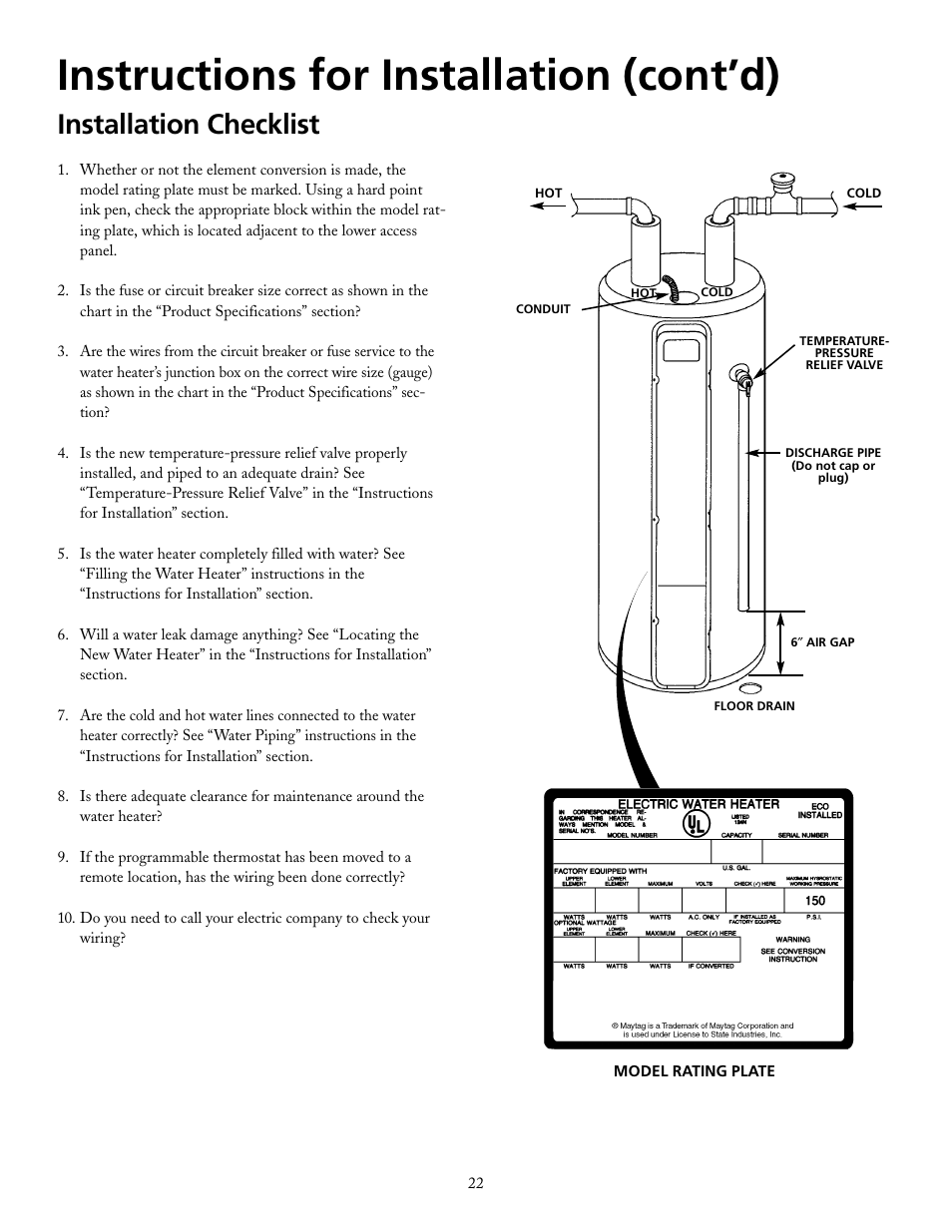 Instructions for installation (cont’d), Installation checklist | Maytag HRE21250PC User Manual | Page 22 / 40