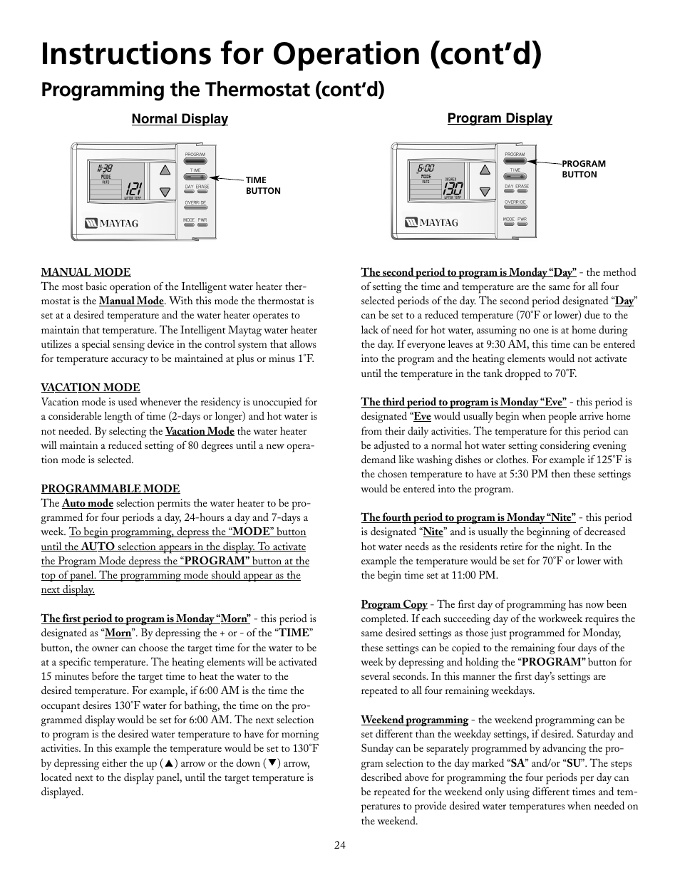 Instructions for operation (cont’d), Programming the thermostat (cont‘d) | Maytag HRE21250PC User Manual | Page 24 / 40