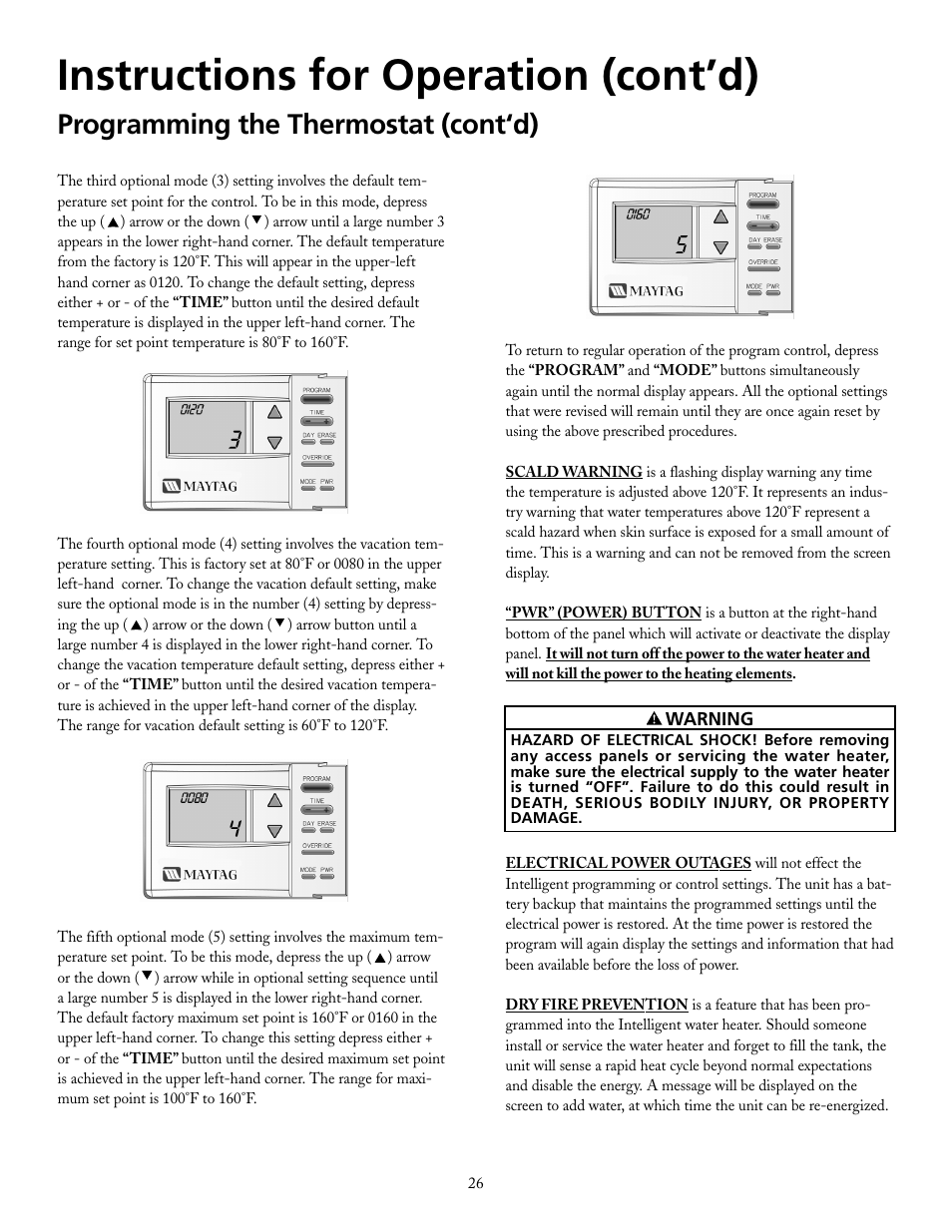 Instructions for operation (cont’d), Programming the thermostat (cont‘d) | Maytag HRE21250PC User Manual | Page 26 / 40