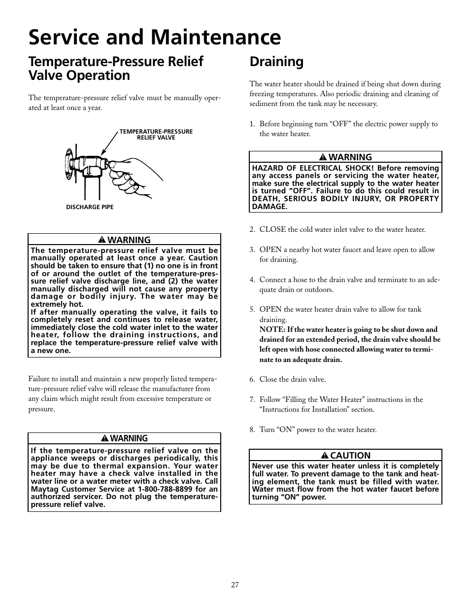 Service and maintenance, Draining, Temperature-pressure relief valve operation | Maytag HRE21250PC User Manual | Page 27 / 40