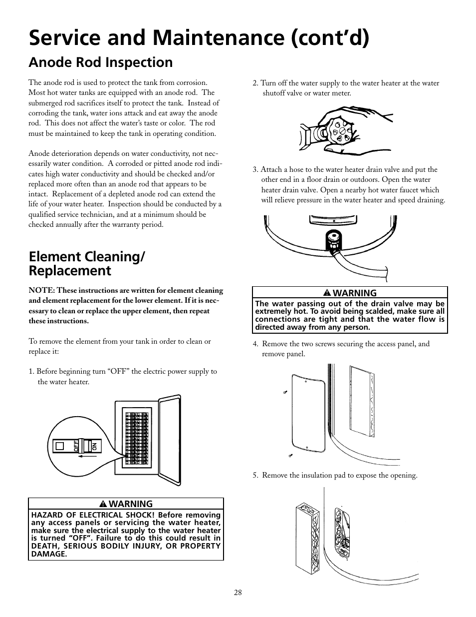 Service and maintenance (cont’d), Element cleaning/ replacement, Anode rod inspection | Maytag HRE21250PC User Manual | Page 28 / 40