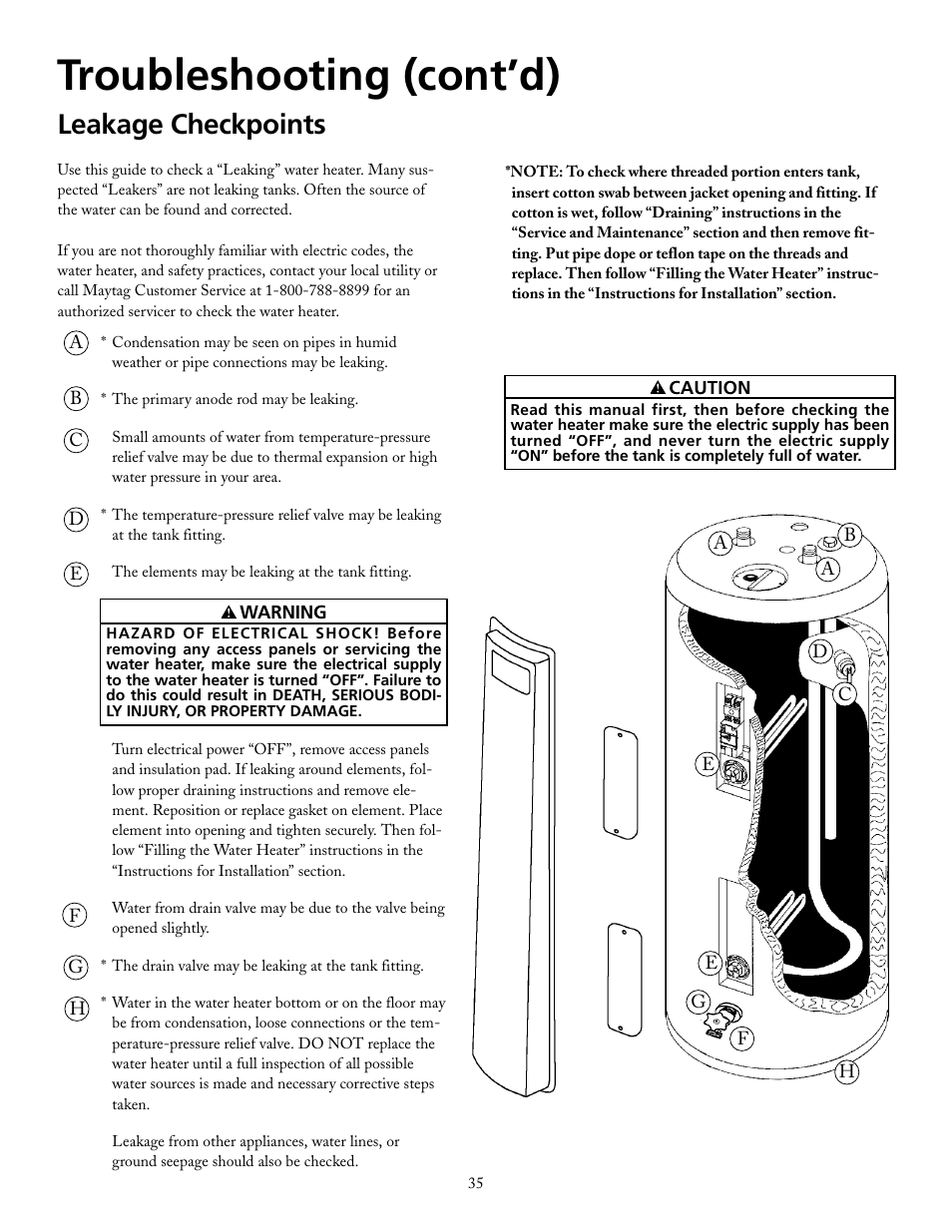 Troubleshooting (cont’d), Leakage checkpoints | Maytag HRE21250PC User Manual | Page 35 / 40