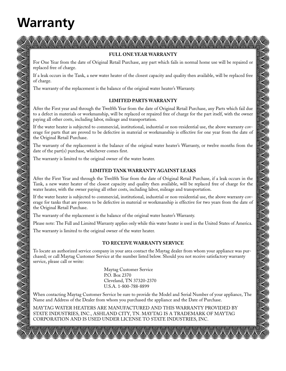 Warranty | Maytag HRE21250PC User Manual | Page 40 / 40