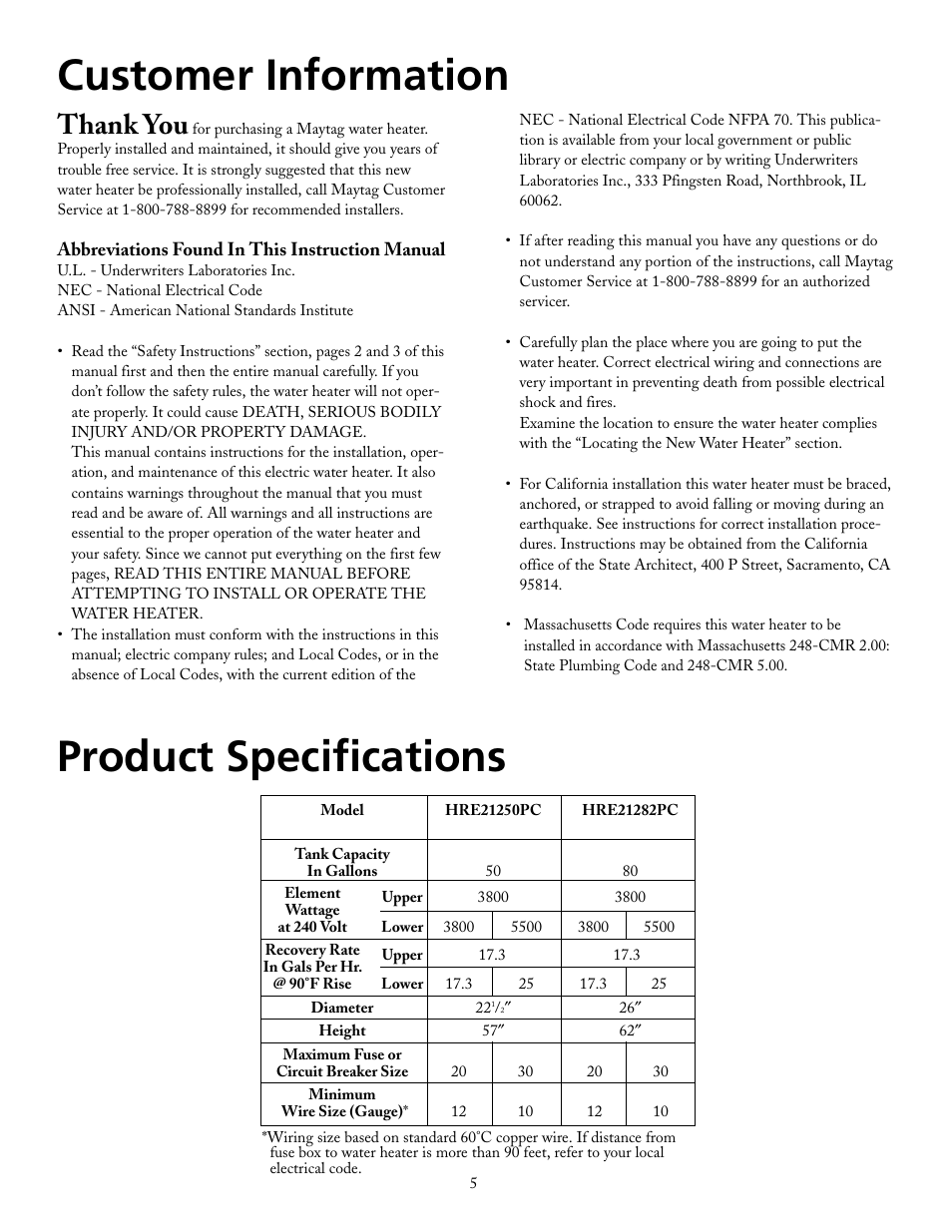 Customer information product specifications | Maytag HRE21250PC User Manual | Page 5 / 40