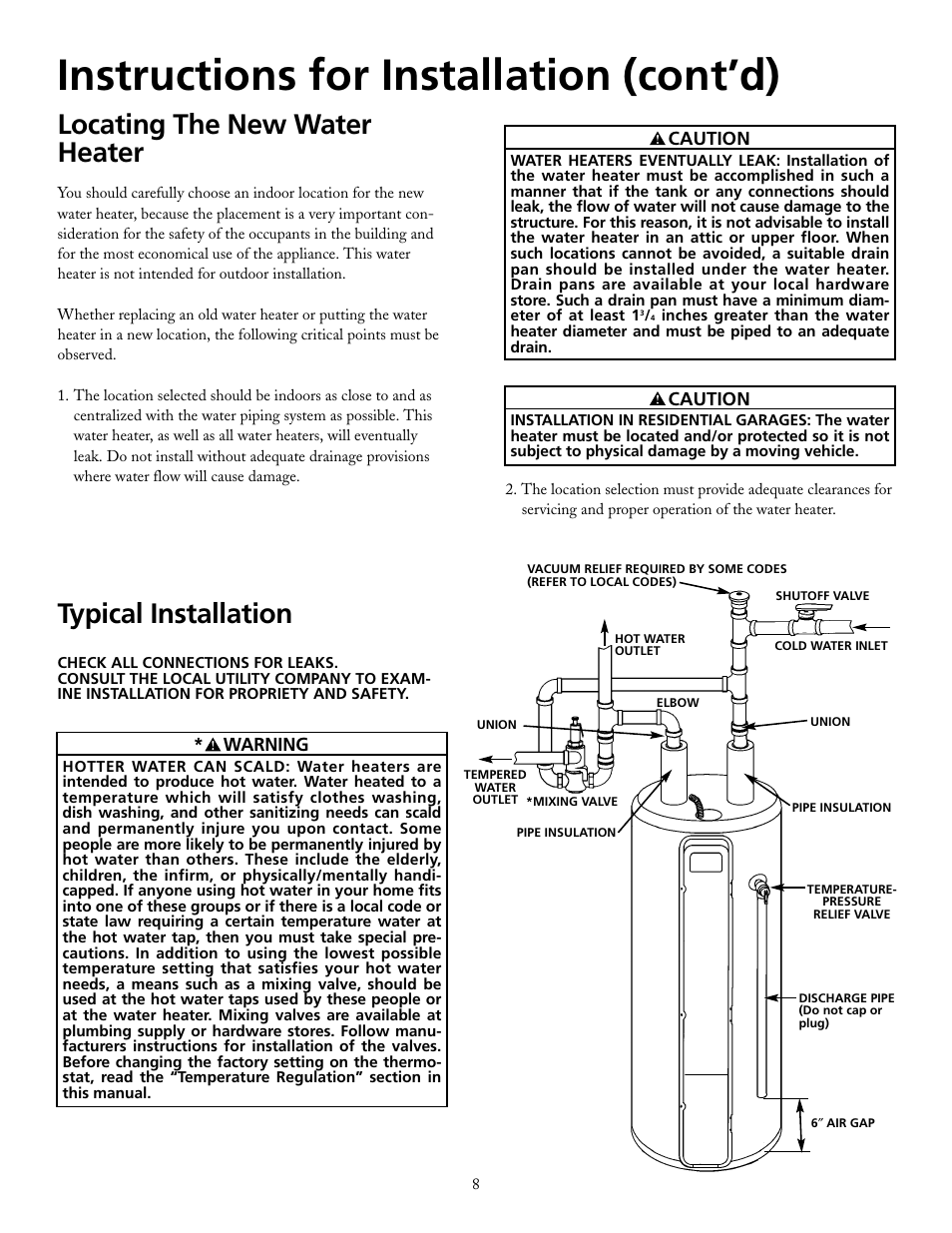 Instructions for installation (cont’d), Locating the new water heater, Typical installation | Maytag HRE21250PC User Manual | Page 8 / 40