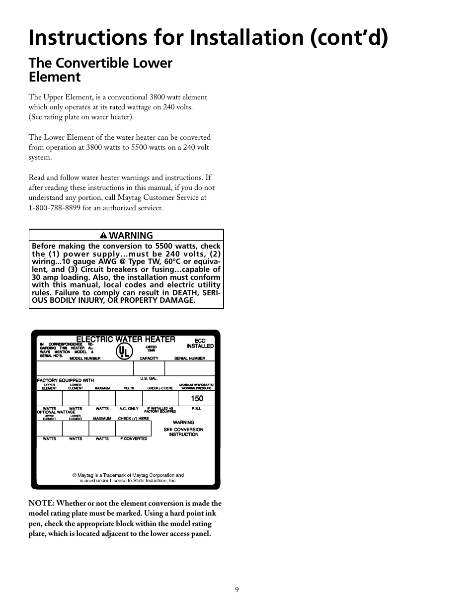 Instructions for installation (cont’d), The convertible lower element | Maytag HRE21250PC User Manual | Page 9 / 40