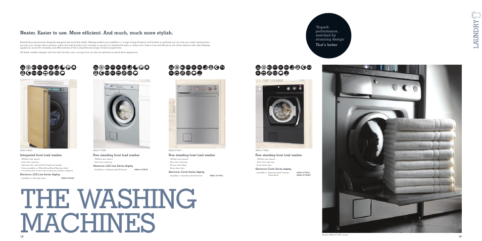 The washing machines, La undr y, Integrated front load washer | Free standing front load washer, Electronic lcd line series display, Ass b, Electronic circle series display | Maytag MDW 17FTI User Manual | Page 10 / 29