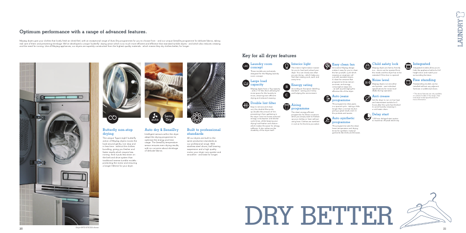 Dry better, La undr y, Ba c | Key for all dryer features, Auto dry & sensidry, Built to professional standards, Butterfly non-stop drying, Integrated, Free standing, Sensi dry auto | Maytag MDW 17FTI User Manual | Page 11 / 29