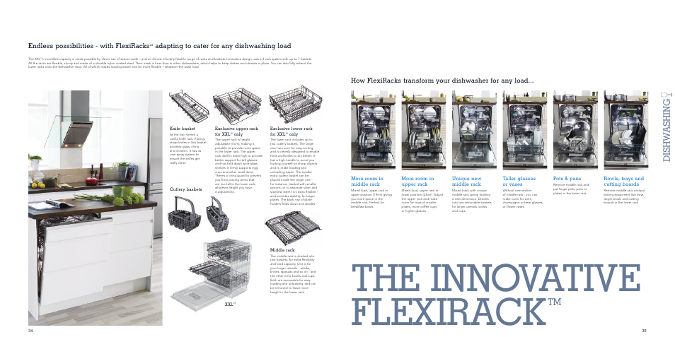 The innovative flexirack, Dishw ashing, Endless possibilities - with flexiracks | Adapting to cater for any dishwashing load | Maytag MDW 17FTI User Manual | Page 18 / 29