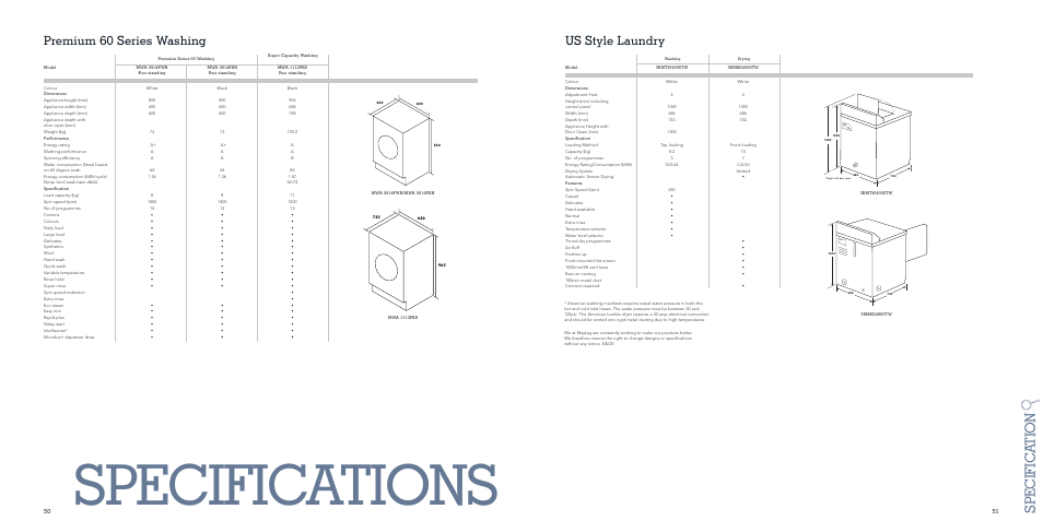 Specifications, Specific a tion, Premium 60 series washing | Us style laundry | Maytag MDW 17FTI User Manual | Page 26 / 29