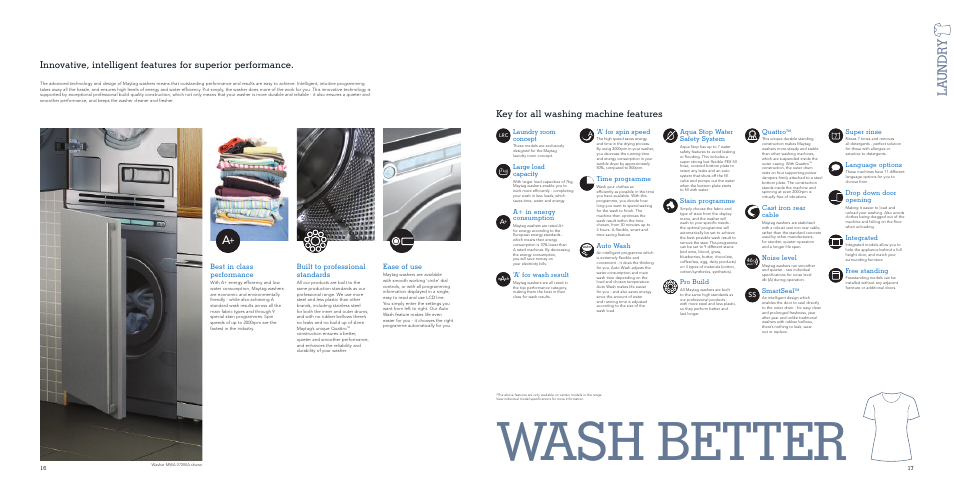 Wash better, La undr y, 7lrc | Built to professional standards, Ease of use, Best in class performance, Ass b, W sh, Auto, Aqua stop water safety system | Maytag MDW 17FTI User Manual | Page 9 / 29