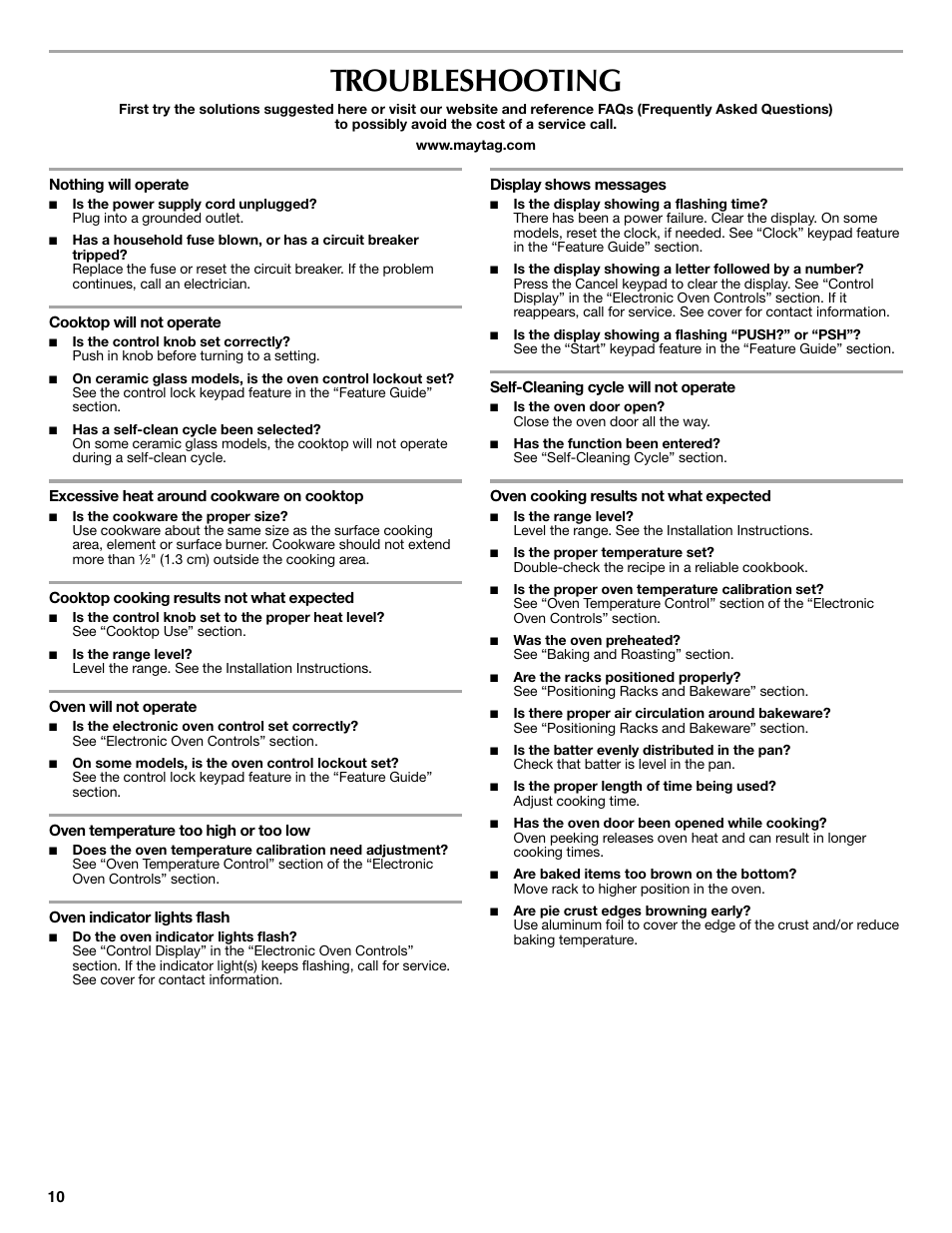 Troubleshooting | Maytag W10234644A User Manual | Page 10 / 12