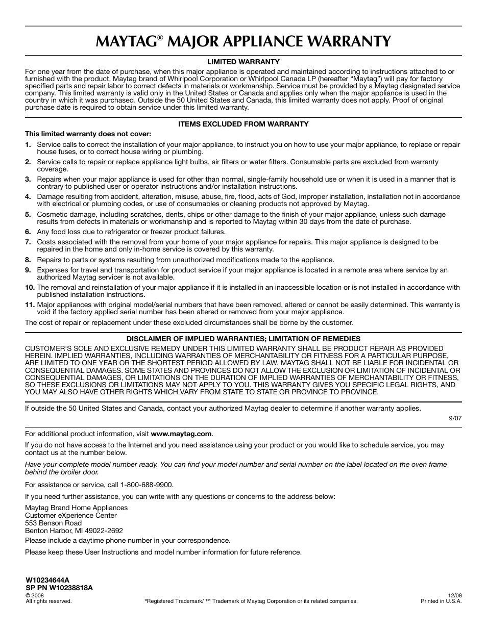 Maytag, Major appliance warranty | Maytag W10234644A User Manual | Page 12 / 12