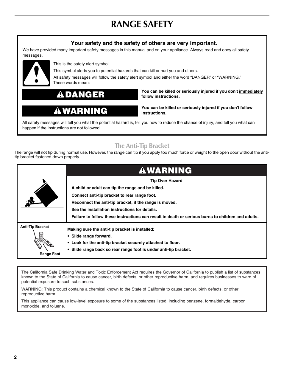 Range safety, Danger warning, Warning | The anti-tip bracket | Maytag W10234644A User Manual | Page 2 / 12
