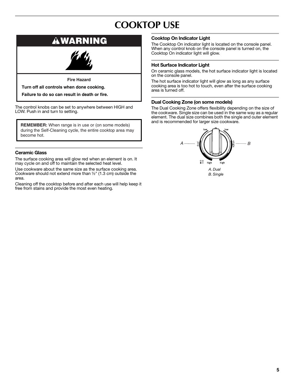 Cooktop use, Warning | Maytag W10234644A User Manual | Page 5 / 12